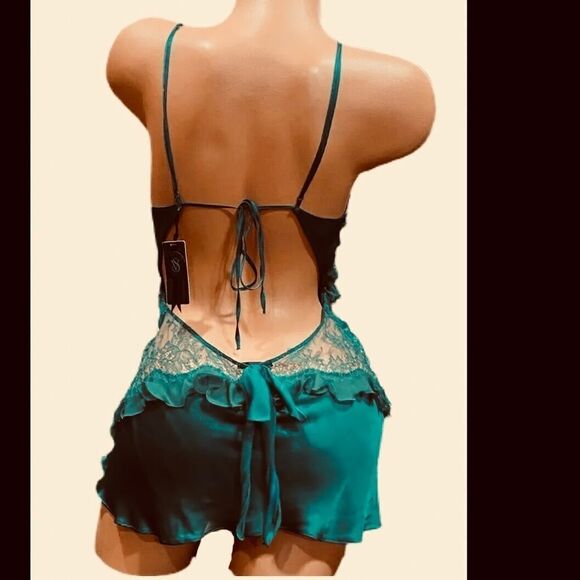 Victoria's Secret  Designer Collection Silk Crystals Lace Slip Babydoll Green - Picture 3 of 6